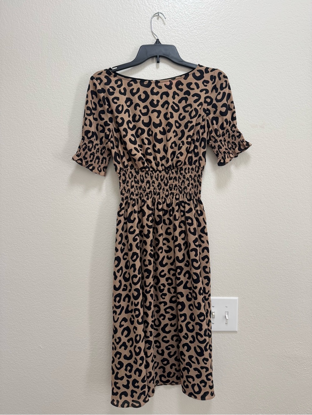 Leopard Print Smocked Waist Midi Dress - Tan